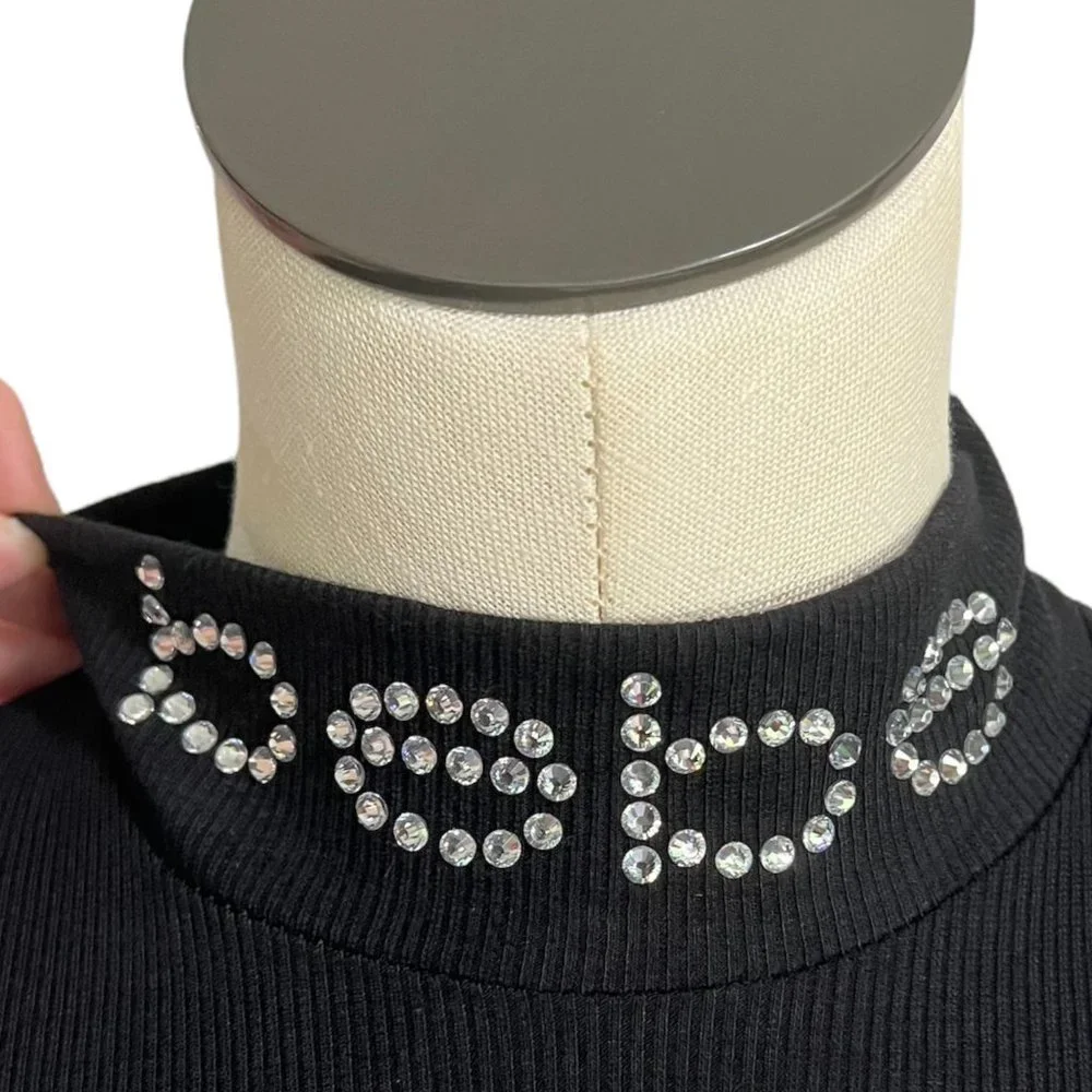 NWT Bebe Rhinestone Spell Out Dress Black Ribbed Size Medium - Picture 2 of 5